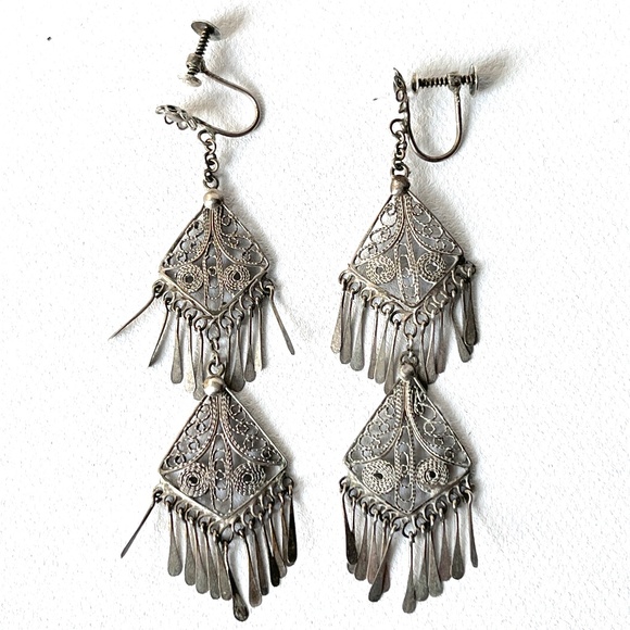 Vintage Silver Wire 2 3/4” Long Jasper Stone Teardrop Fringe Chandelier Earrings - Picture 3 of 5